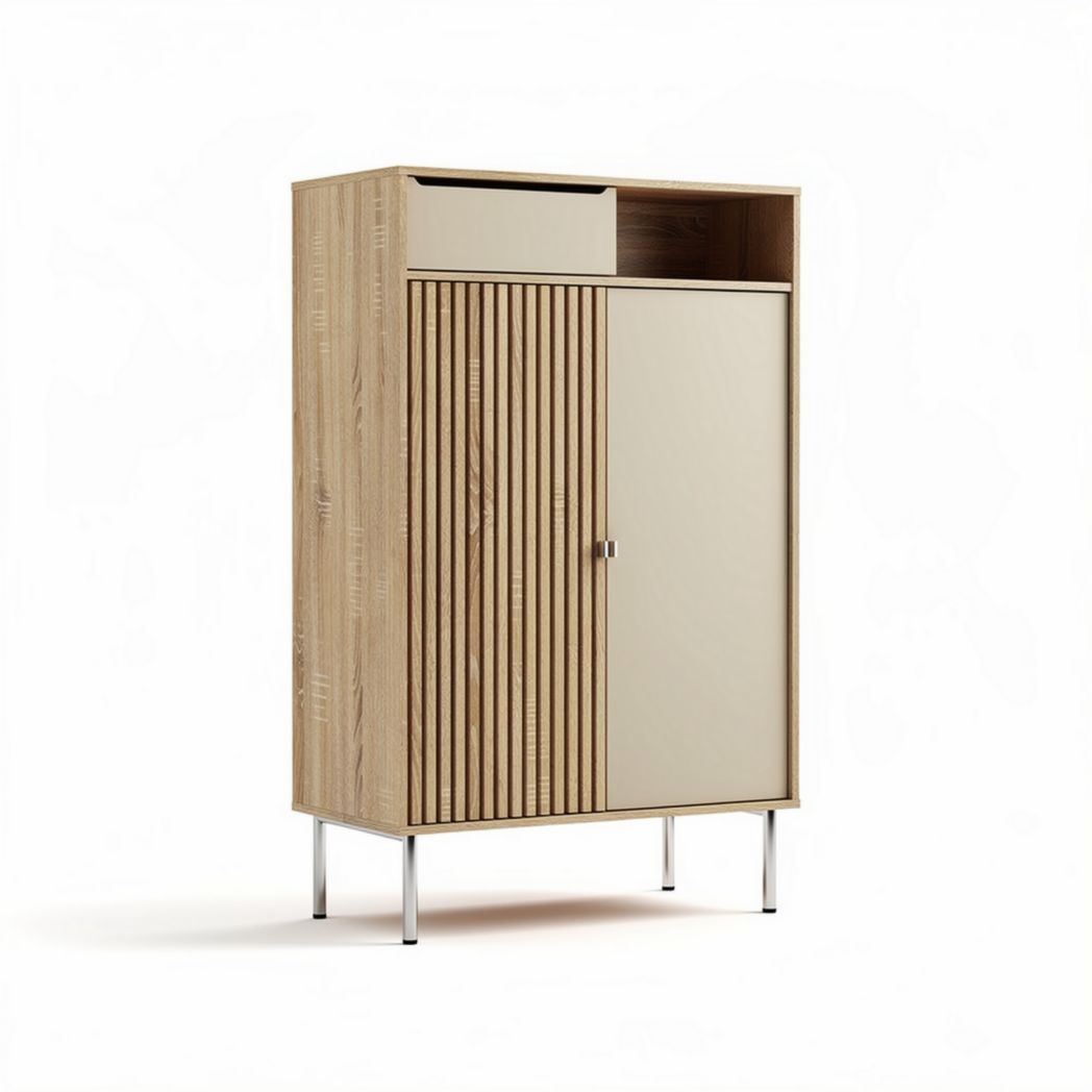 Wooden storage cabinet with doors and open shelf 90 x 45 x 135cm beige and oak