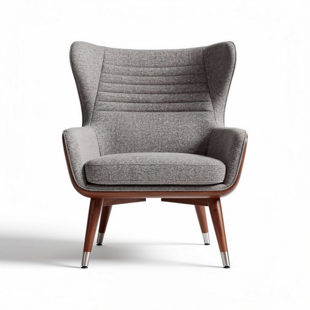 Mid-century modern armchair in gray fabric with wooden legs 75 x 80 x 90cm
