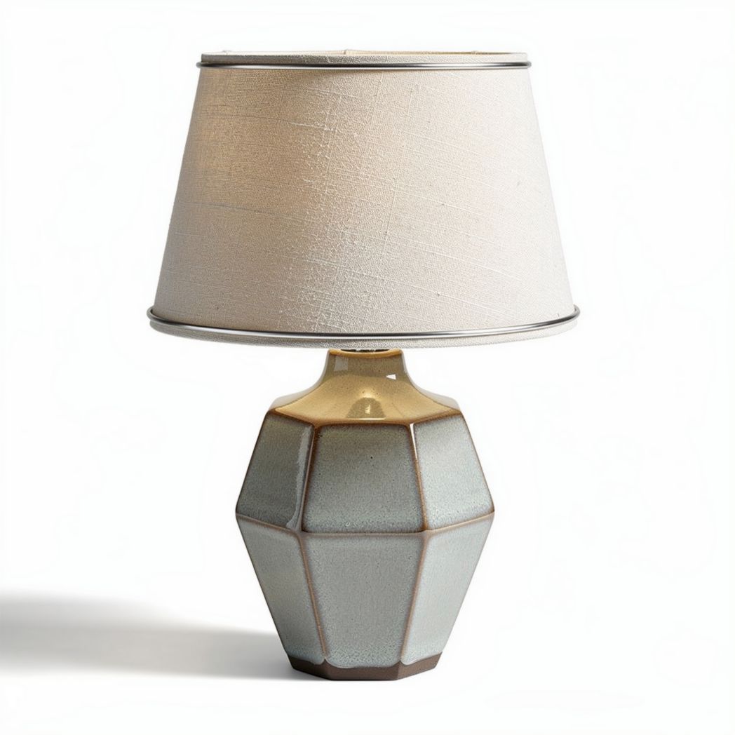 Ceramic geometric table lamp with fabric shade in light blue 25 x 25 x 40cm
