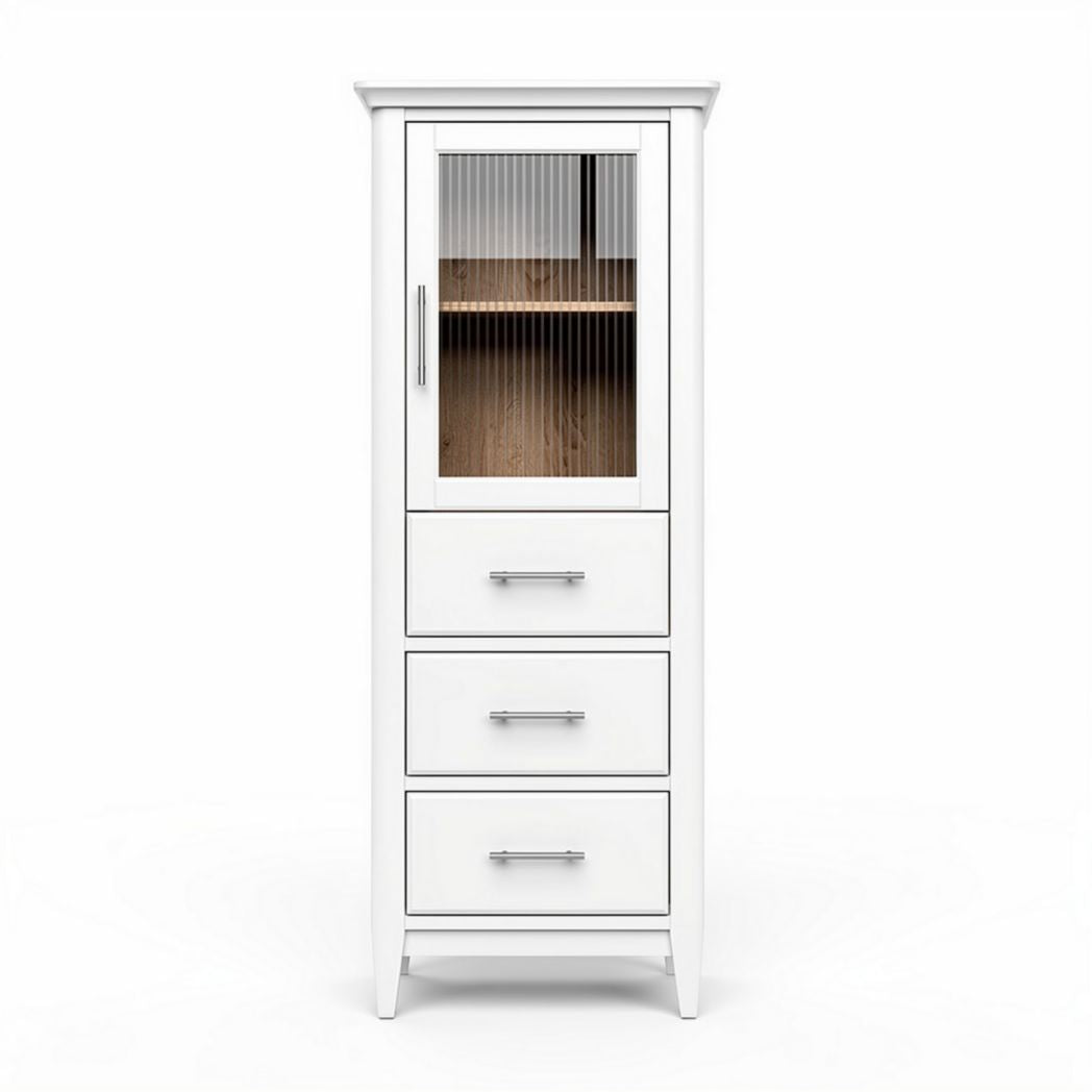 White storage cabinet with glass door and three drawers 40 x 30 x 180cm